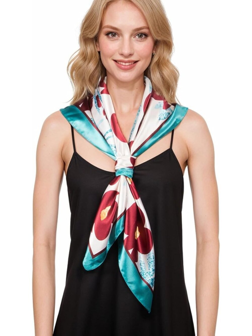 Women's Turquoise Red Printed Square Scarf Bandanas Hair Scarf 35 Inches - Picture 2 of 6